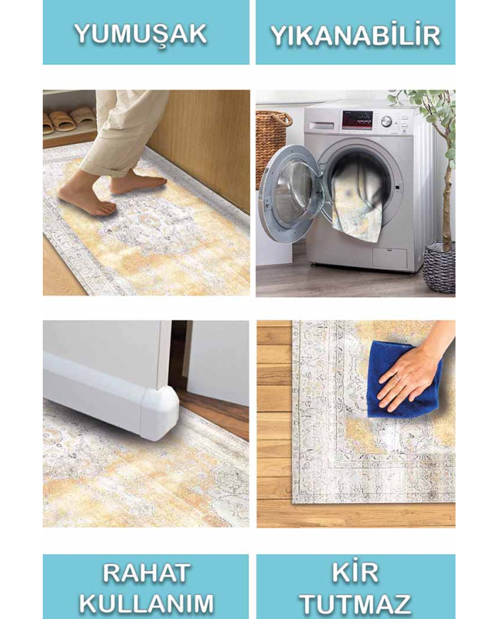 Giallastro Çiçek Desenli Pamuk Tabanlı Yıkanabilen Kaydırmaz Antibakteriyel Şönil Salon Halısı