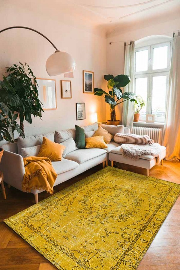 Giallo Desenli Pamuk Tabanlı Yıkanabilen Kaydırmaz Antibakteriyel Şönil Salon Halısı