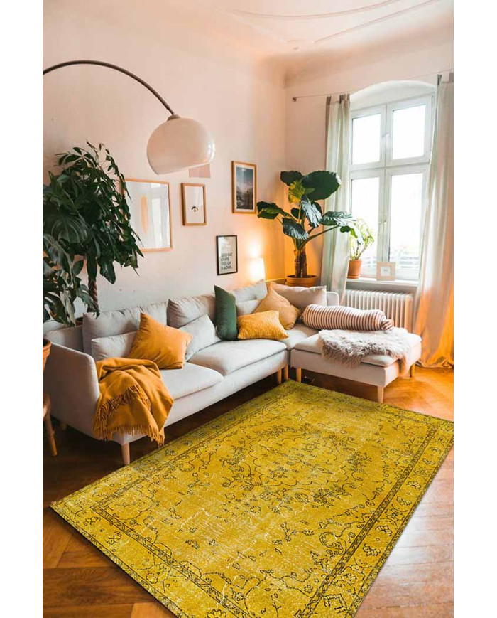 Giallo Desenli Pamuk Tabanlı Yıkanabilen Kaydırmaz Antibakteriyel Şönil Salon Halısı