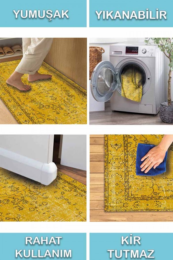 Giallo Desenli Pamuk Tabanlı Yıkanabilen Kaydırmaz Antibakteriyel Şönil Salon Halısı