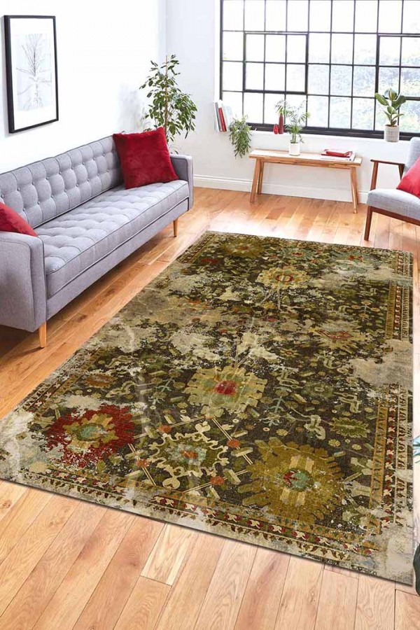 Heather Eskitme Desenli Pamuk Tabanlı Yıkanabilen Kaydırmaz Antibakteriyel Şönil Salon Halısı