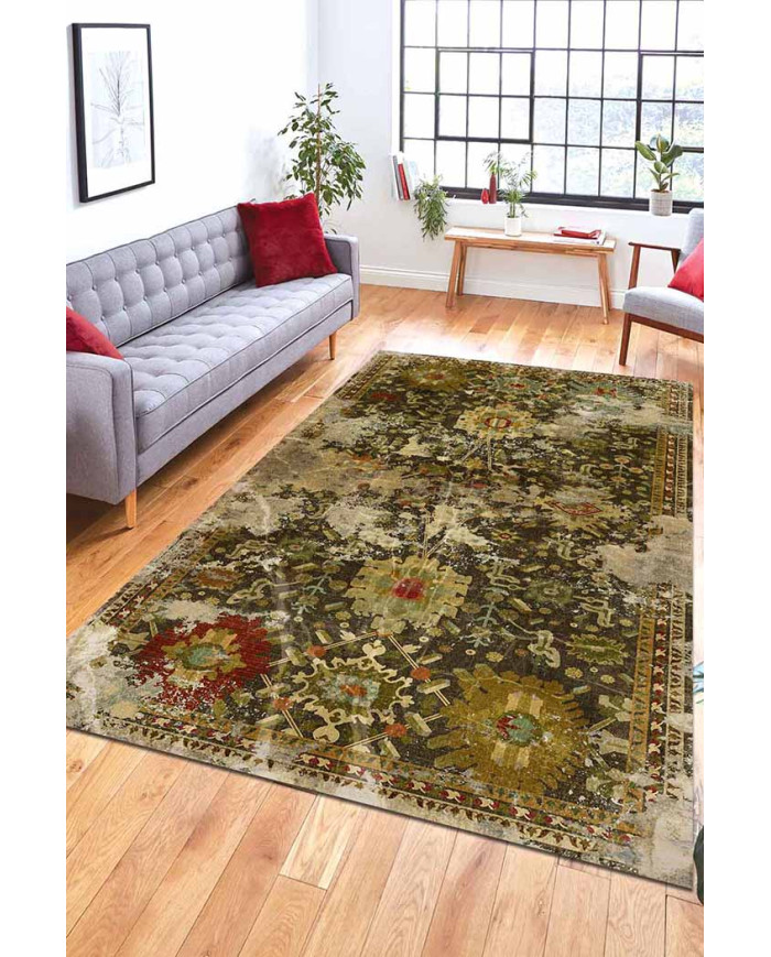 Heather Eskitme Desenli Pamuk Tabanlı Yıkanabilen Kaydırmaz Antibakteriyel Şönil Salon Halısı