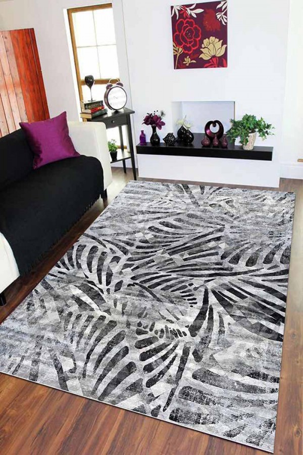 Greyshade Desenli Pamuk Tabanlı Yıkanabilen Kaydırmaz Antibakteriyel Şönil Salon Halısı