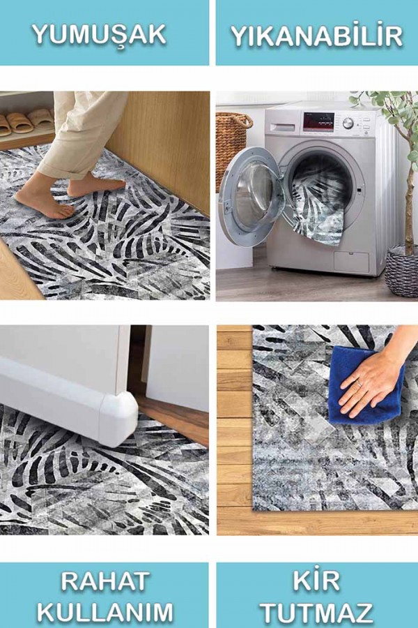 Greyshade Desenli Pamuk Tabanlı Yıkanabilen Kaydırmaz Antibakteriyel Şönil Salon Halısı