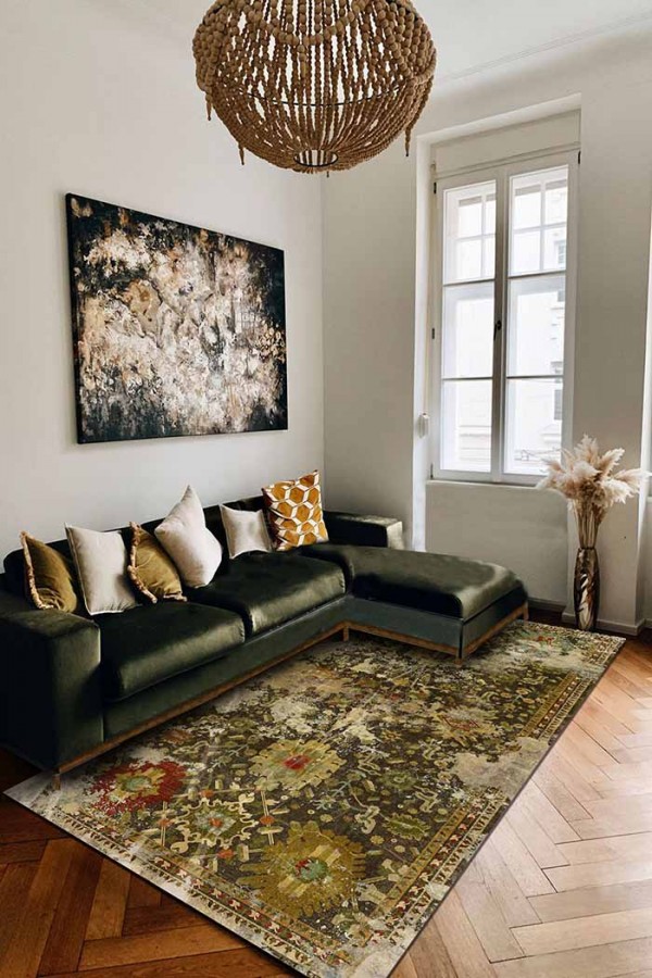 Heather Eskitme Desenli Pamuk Tabanlı Yıkanabilen Kaydırmaz Antibakteriyel Şönil Salon Halısı