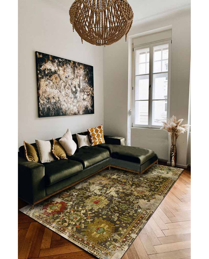 Heather Eskitme Desenli Pamuk Tabanlı Yıkanabilen Kaydırmaz Antibakteriyel Şönil Salon Halısı