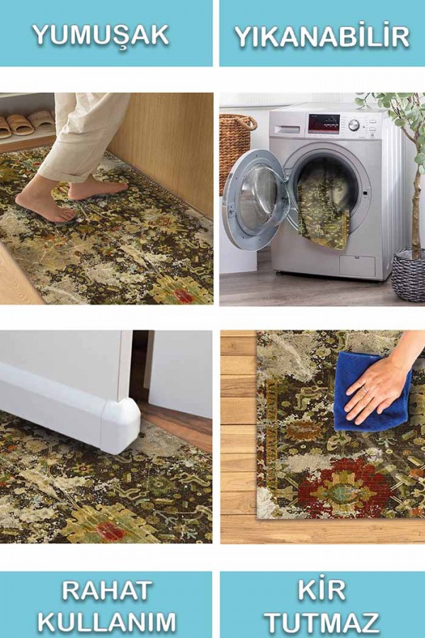 Heather Eskitme Desenli Pamuk Tabanlı Yıkanabilen Kaydırmaz Antibakteriyel Şönil Salon Halısı