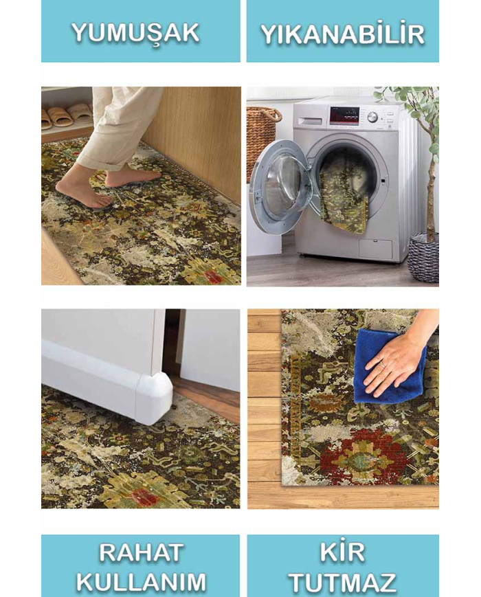 Heather Eskitme Desenli Pamuk Tabanlı Yıkanabilen Kaydırmaz Antibakteriyel Şönil Salon Halısı