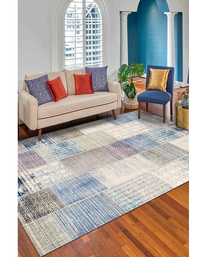 Henry Patchwork Desenli Pamuk Tabanlı Yıkanabilen Kaydırmaz Antibakteriyel Şönil Salon Halısı