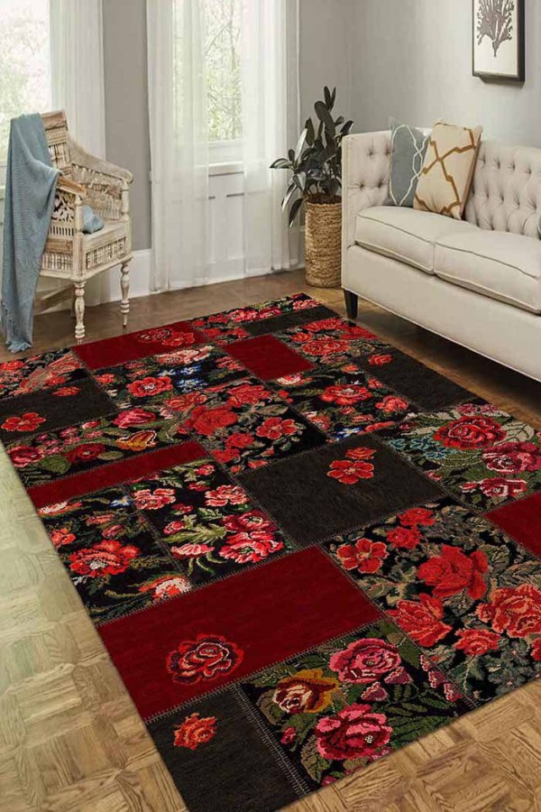 Hope Patchwork Desenli Pamuk Tabanlı Yıkanabilen Kaydırmaz Antibakteriyel Şönil Salon Halısı