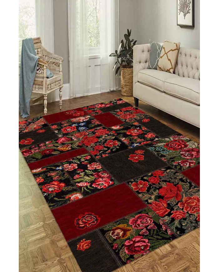 Hope Patchwork Desenli Pamuk Tabanlı Yıkanabilen Kaydırmaz Antibakteriyel Şönil Salon Halısı