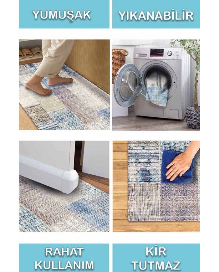 Henry Patchwork Desenli Pamuk Tabanlı Yıkanabilen Kaydırmaz Antibakteriyel Şönil Salon Halısı