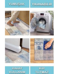 Henry Patchwork Desenli Pamuk Tabanlı Yıkanabilen Kaydırmaz Antibakteriyel Şönil Salon Halısı
