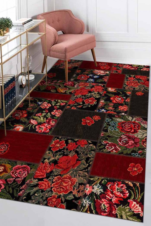 Hope Patchwork Desenli Pamuk Tabanlı Yıkanabilen Kaydırmaz Antibakteriyel Şönil Salon Halısı