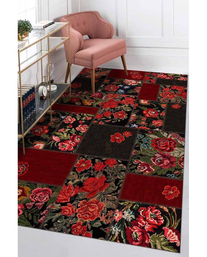 Hope Patchwork Desenli Pamuk Tabanlı Yıkanabilen Kaydırmaz Antibakteriyel Şönil Salon Halısı