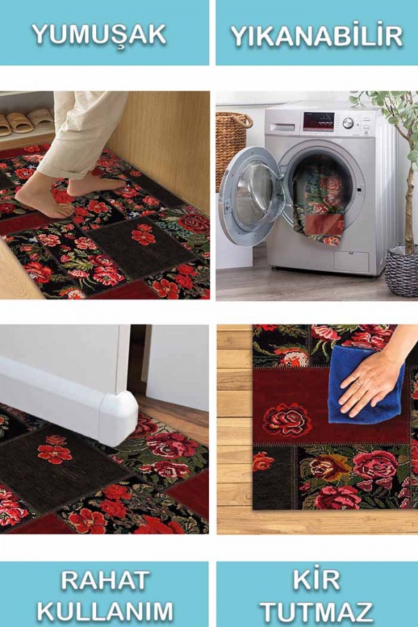 Hope Patchwork Desenli Pamuk Tabanlı Yıkanabilen Kaydırmaz Antibakteriyel Şönil Salon Halısı