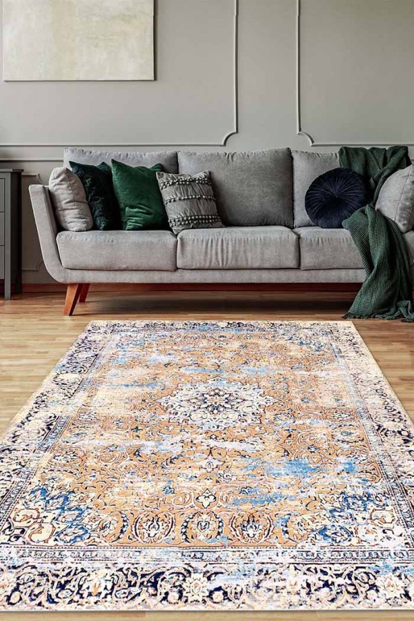 Jemma Desenli Pamuk Tabanlı Yıkanabilen Kaydırmaz Antibakteriyel Şönil Salon Halısı