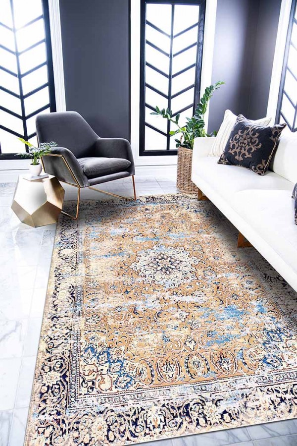 Jemma Desenli Pamuk Tabanlı Yıkanabilen Kaydırmaz Antibakteriyel Şönil Salon Halısı