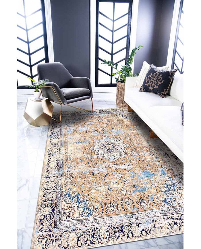 Jemma Desenli Pamuk Tabanlı Yıkanabilen Kaydırmaz Antibakteriyel Şönil Salon Halısı