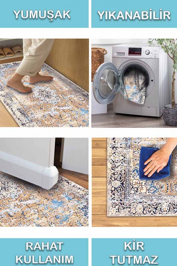 Jemma Desenli Pamuk Tabanlı Yıkanabilen Kaydırmaz Antibakteriyel Şönil Salon Halısı