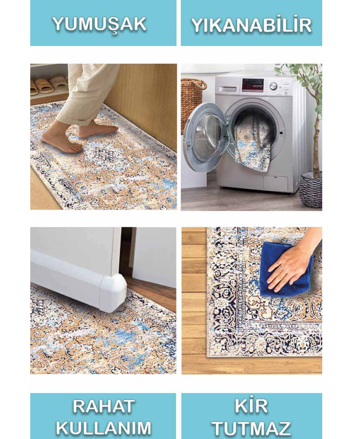Jemma Desenli Pamuk Tabanlı Yıkanabilen Kaydırmaz Antibakteriyel Şönil Salon Halısı