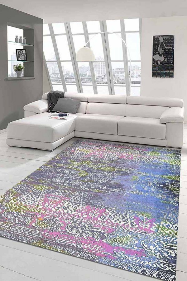 Kane Desenli Pamuk Tabanlı Yıkanabilen Kaydırmaz Antibakteriyel Şönil Salon Halısı