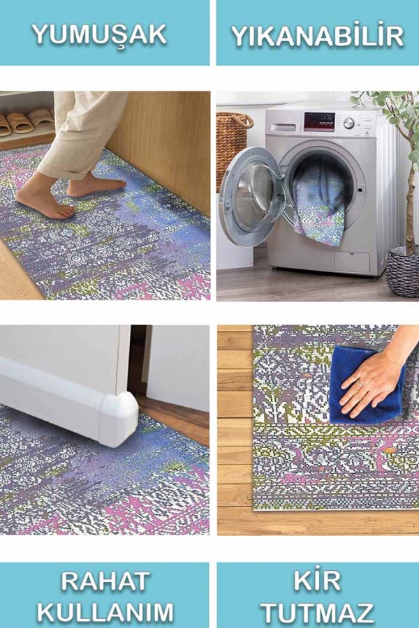 Kane Desenli Pamuk Tabanlı Yıkanabilen Kaydırmaz Antibakteriyel Şönil Salon Halısı