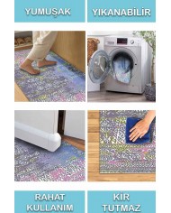 Kane Desenli Pamuk Tabanlı Yıkanabilen Kaydırmaz Antibakteriyel Şönil Salon Halısı