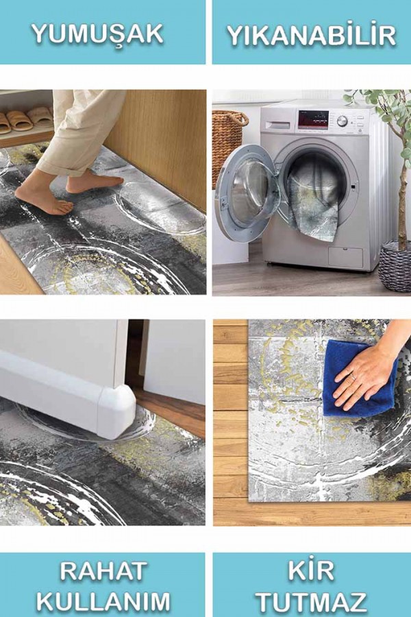Kenyon Desenli Pamuk Tabanlı Yıkanabilen Kaydırmaz Antibakteriyel Şönil Salon Halısı