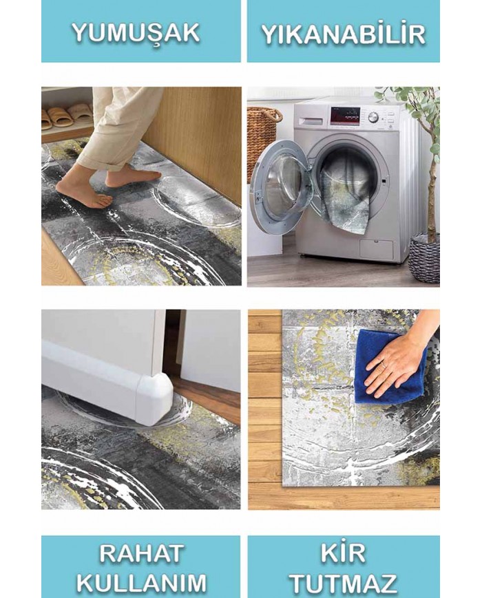 Kenyon Desenli Pamuk Tabanlı Yıkanabilen Kaydırmaz Antibakteriyel Şönil Salon Halısı