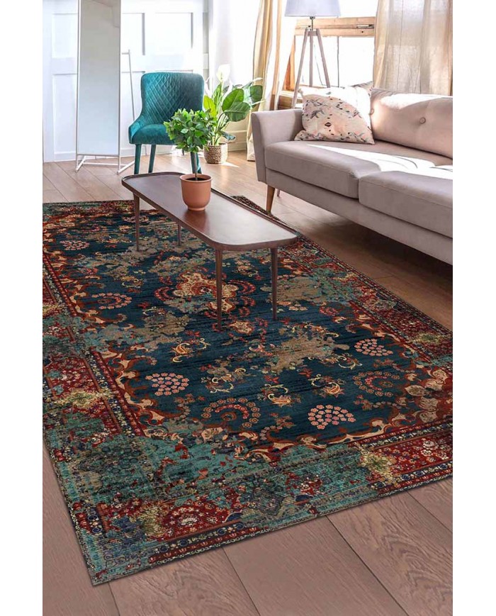 Kinevart Desenli Pamuk Tabanlı Yıkanabilen Kaydırmaz Antibakteriyel Şönil Salon Halısı