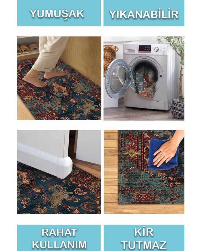 Kinevart Desenli Pamuk Tabanlı Yıkanabilen Kaydırmaz Antibakteriyel Şönil Salon Halısı