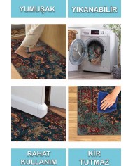 Kinevart Desenli Pamuk Tabanlı Yıkanabilen Kaydırmaz Antibakteriyel Şönil Salon Halısı