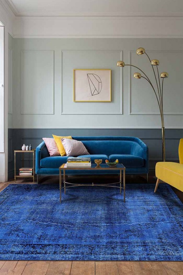 Lapis Eskitme Desenli Pamuk Tabanlı Yıkanabilen Kaydırmaz Antibakteriyel Şönil Salon Halısı