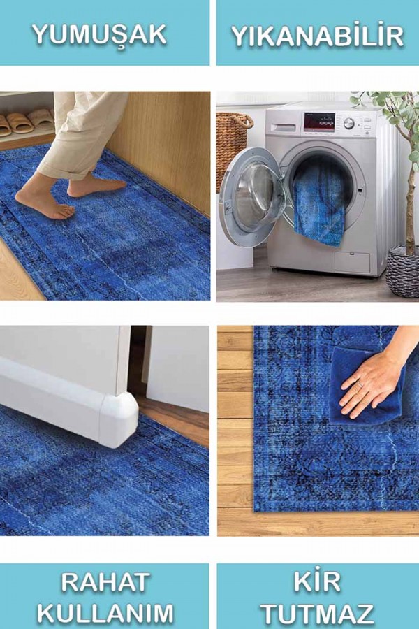 Lapis Eskitme Desenli Pamuk Tabanlı Yıkanabilen Kaydırmaz Antibakteriyel Şönil Salon Halısı