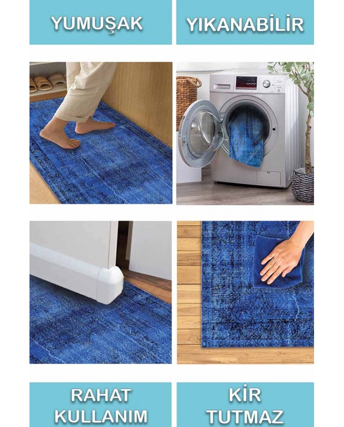 Lapis Eskitme Desenli Pamuk Tabanlı Yıkanabilen Kaydırmaz Antibakteriyel Şönil Salon Halısı