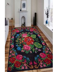 Leova Karabağ Desenli Pamuk Tabanlı Yıkanabilen Kaydırmaz Antibakteriyel Şönil Salon Halısı