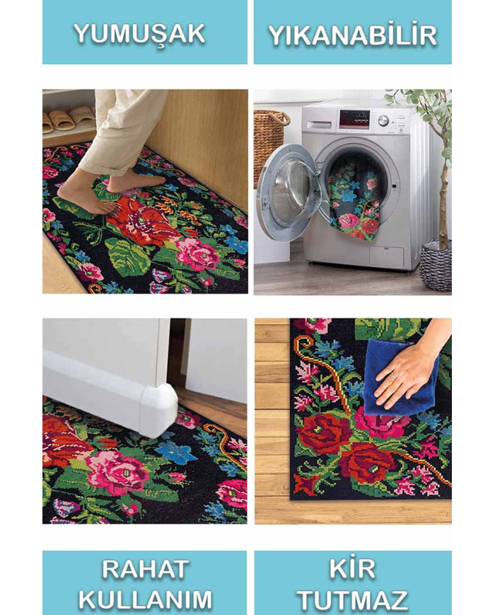 Leova Karabağ Desenli Pamuk Tabanlı Yıkanabilen Kaydırmaz Antibakteriyel Şönil Salon Halısı
