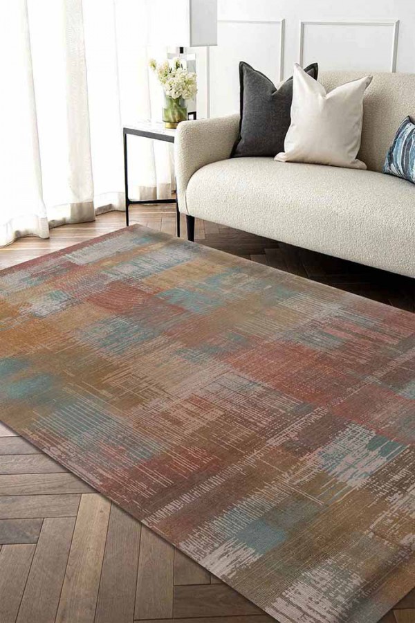 Lilac Renkli Desenli Pamuk Tabanlı Yıkanabilen Kaydırmaz Antibakteriyel Şönil Salon Halısı