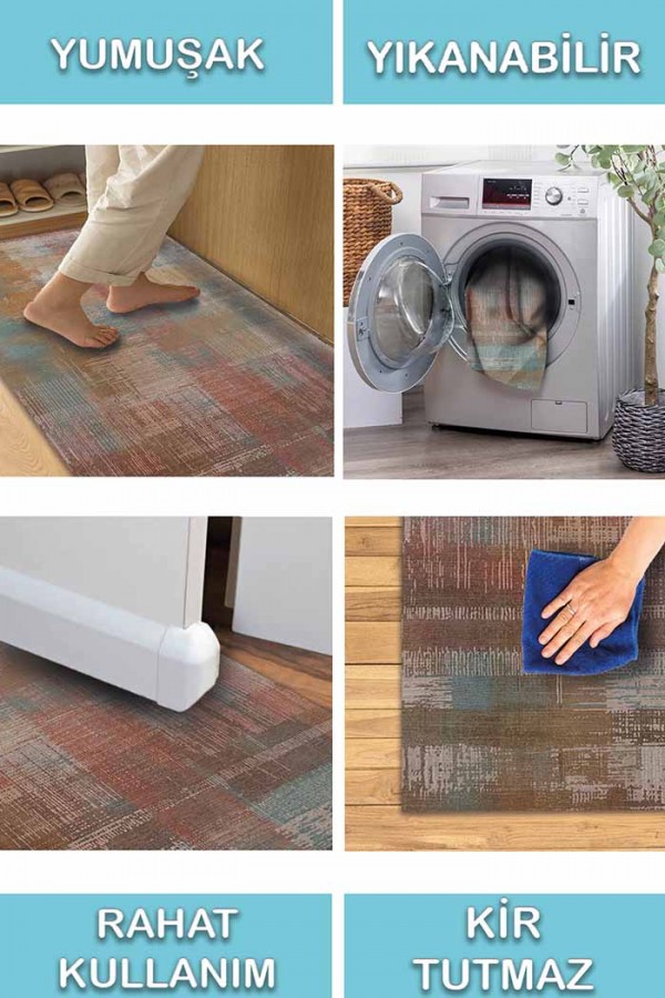 Lilac Renkli Desenli Pamuk Tabanlı Yıkanabilen Kaydırmaz Antibakteriyel Şönil Salon Halısı