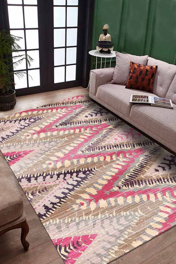 Lona Geometrik Desenli Pamuk Tabanlı Yıkanabilen Kaydırmaz Antibakteriyel Şönil Salon Halısı