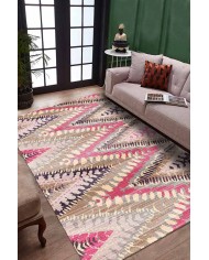 Lona Geometrik Desenli Pamuk Tabanlı Yıkanabilen Kaydırmaz Antibakteriyel Şönil Salon Halısı