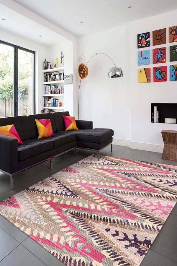 Lona Geometrik Desenli Pamuk Tabanlı Yıkanabilen Kaydırmaz Antibakteriyel Şönil Salon Halısı