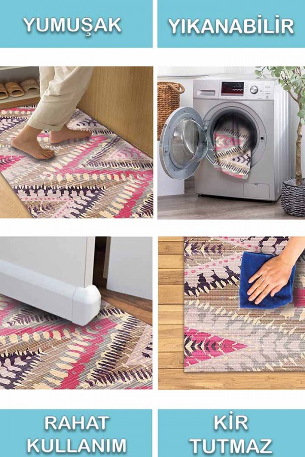 Lona Geometrik Desenli Pamuk Tabanlı Yıkanabilen Kaydırmaz Antibakteriyel Şönil Salon Halısı