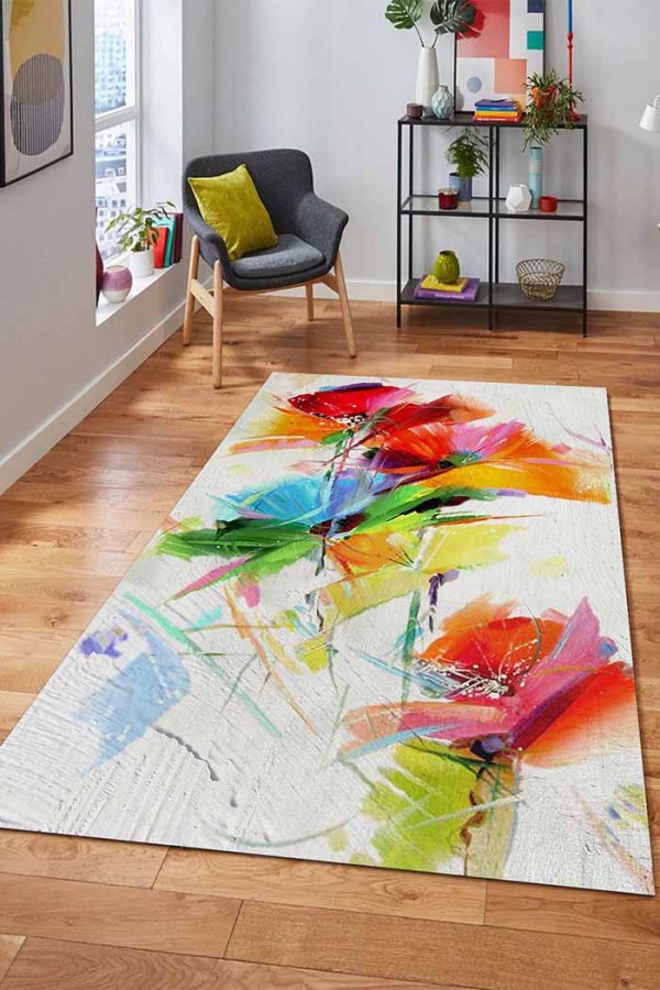 Lorane Desenli Pamuk Tabanlı Yıkanabilen Kaydırmaz Antibakteriyel Şönil Salon Halısı