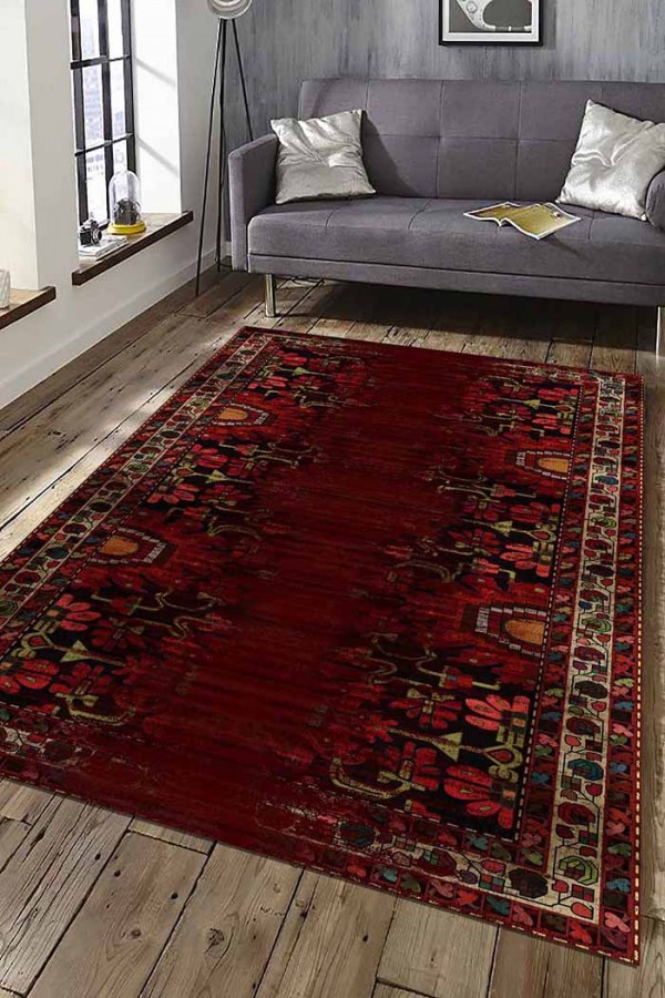 Lucy Eskitme Desenli Pamuk Tabanlı Yıkanabilen Kaydırmaz Antibakteriyel Şönil Salon Halısı