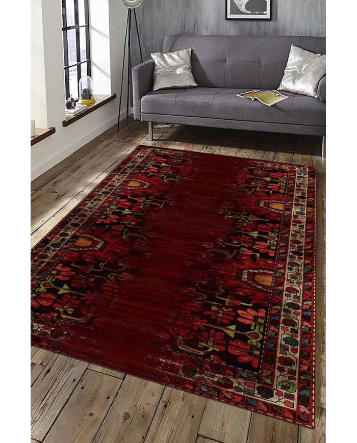 Lucy Eskitme Desenli Pamuk Tabanlı Yıkanabilen Kaydırmaz Antibakteriyel Şönil Salon Halısı