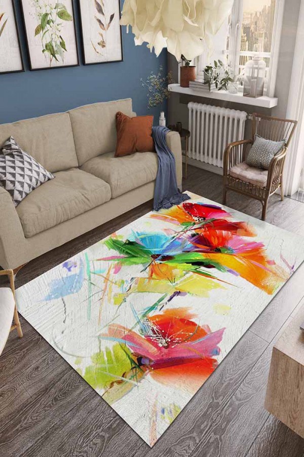 Lorane Desenli Pamuk Tabanlı Yıkanabilen Kaydırmaz Antibakteriyel Şönil Salon Halısı