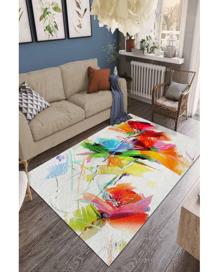 Lorane Desenli Pamuk Tabanlı Yıkanabilen Kaydırmaz Antibakteriyel Şönil Salon Halısı