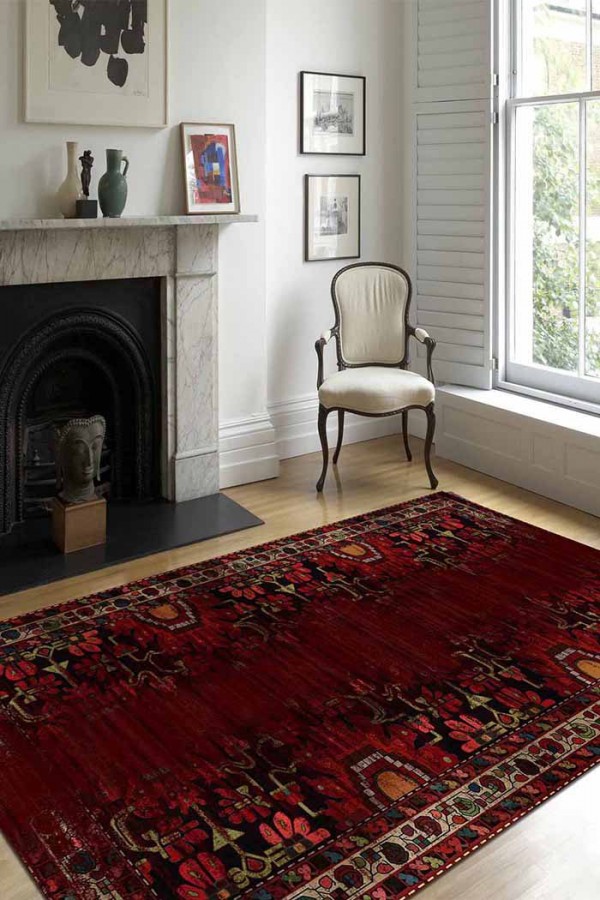 Lucy Eskitme Desenli Pamuk Tabanlı Yıkanabilen Kaydırmaz Antibakteriyel Şönil Salon Halısı